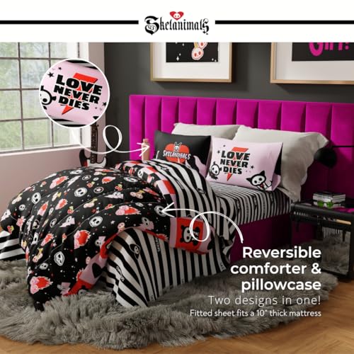 Image of Skelanimals Bedding 7 Piece Full Bed Set, Soft Checkered Comforter and Sheet Set with Sham, Kit The Cat, (Officially Licensed Product) by Franco Collectibles