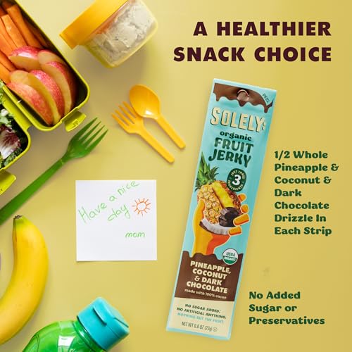 Image of SOLELY - Organic Pineapple Coconut Chocolate Drizzled Fruit Jerky - 12 Individually Wrapped Strips - Fruit Leather Made from Dried Fruit - Healthy Snacks for Adults & Kids - Vegan - 0.8oz (23g)