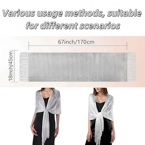 SDXCJY Funkelnde silberfarbene Metallic-Schals und Wickeltücher mit Schnalle für Damen, ideal für Hochzeit, Abendkleid, Brautjungfer, elegantes Quasten-Design, silber, Einheitsgröße