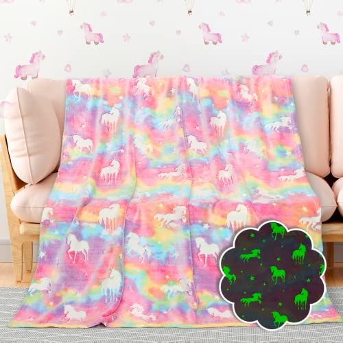 Unicorn Blanket for Toddler Girls Glow in the Dark Blankets for Kids Unicorns Toys Gifts for Girls Age 4-6 Soft Cozy Rainbow Fleece Throws for Room Decor Christmas Birthday Gifts 40x60 inches