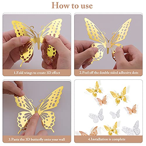 Image of SAOROPEB 3D Butterfly Wall Decor, 72 Pcs 3 Styles 3 Sizes, Removable Metallic Wall Decor Sticker Room Mural Decals for Kids Bedroom Nursery Classroom Party Decoration Wedding Decor DIY Gift (3 Color)