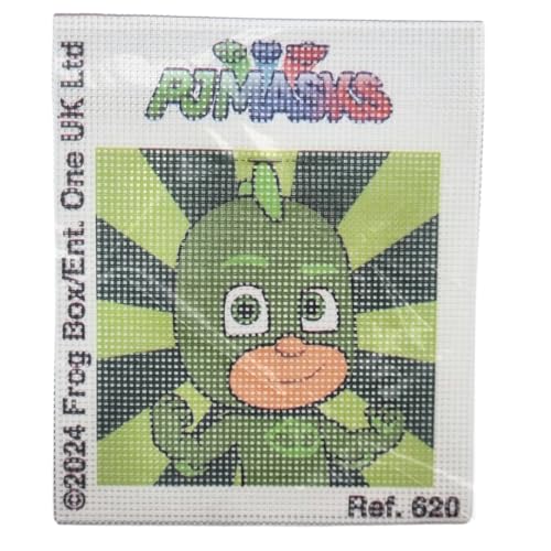 COMERCIAL MERCERA, Punto de Cruz, Punto de Cruz Niños Pj Mask, Crea tu Cuadro de Punto de Cruz con Nuestro Kit de Punto de Cruz, Divertido para que los Niños Aprendan Punto de Cruz, 18x15 Cm (Gekko)