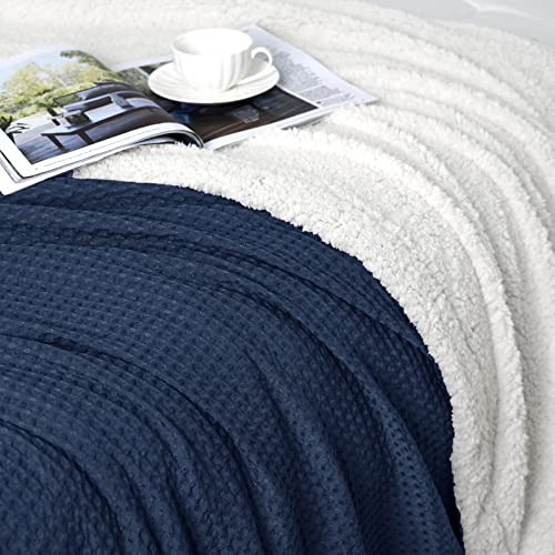 Phf Waffle Sherpa Blanket King Size, Luxury Warm Plush Flannel Blanket For Winter, No Shed No Pilling Cozy Soft Waffle Weave Fleece Blanket For Bed And Couch, Navy Blue, 104X90 Inches #TOP5