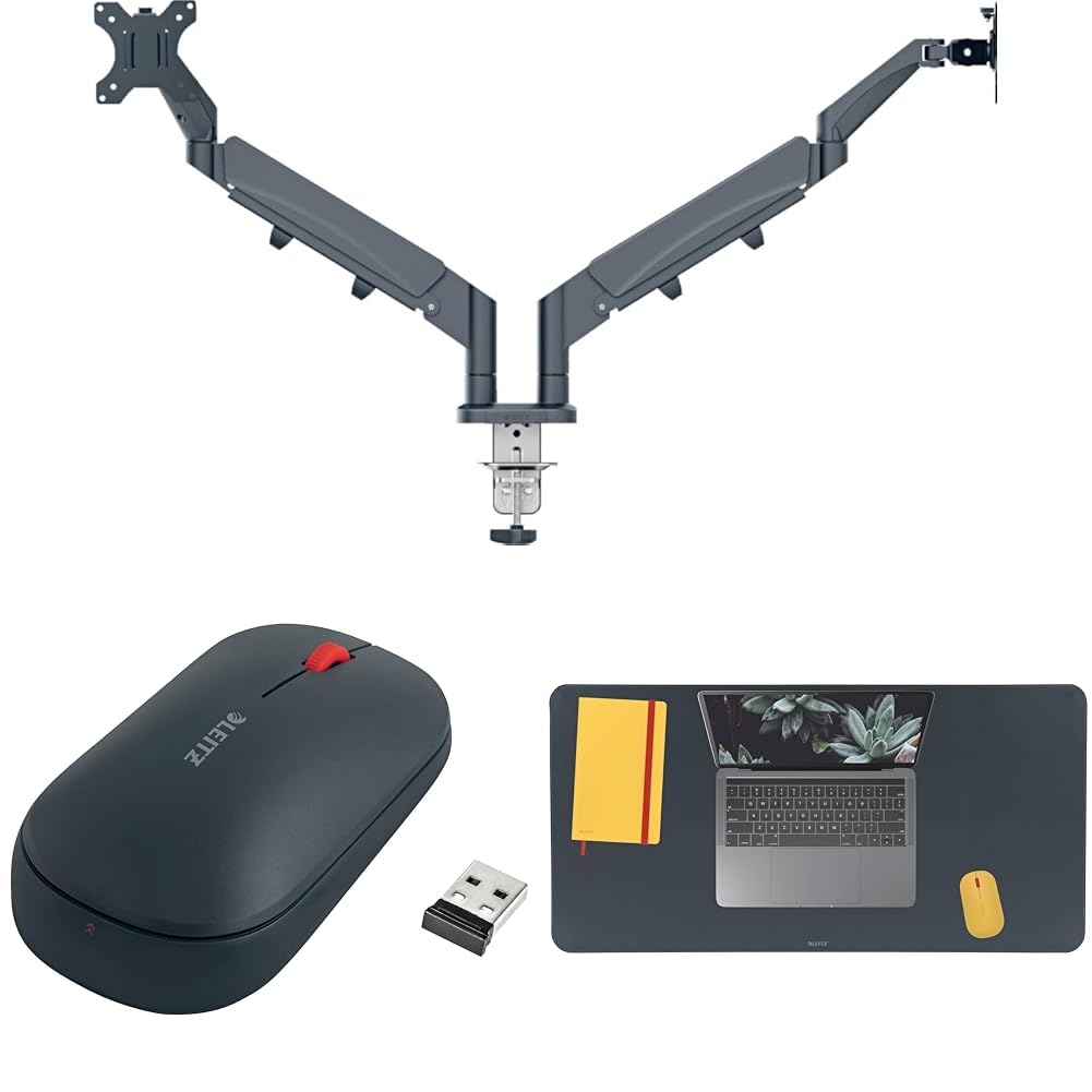 Leitz Ergo Set platzsparender Doppel-Monitor-Arm mit SureTrack Bluetooth Maus & Schreibtischunterlage