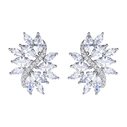 EVER FAITH Women's Cubic Zirconia Elegant Bridal Floral Leaf Pierced Stud Earrings Clear Silver-Tone