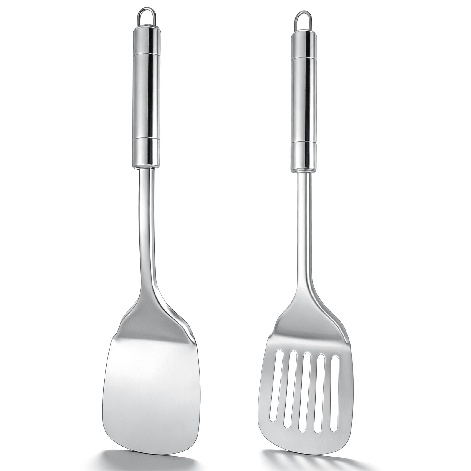 2Pcs Metal Spatulas for Kitchen Use Stainless Steel Spatulas Set Cooking Spatula with Solid Slotted Turner, Kitchen Utensils Dishwasher Safe, Silver