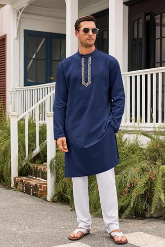 Runcati Mens Kaftan Thobe Button Down Casual Henley Shirts Long Sleeve Robe Cotton Linen Muslim Gown Shirt4