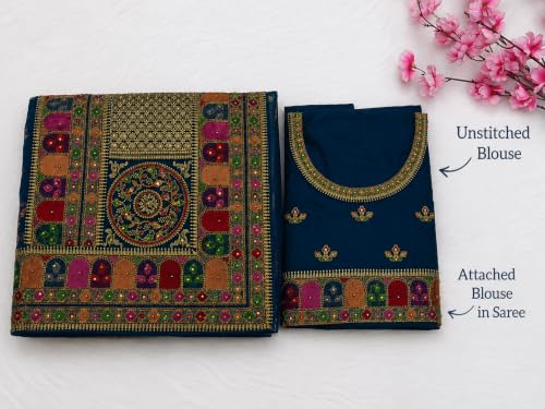 Image of TRENDMALLS Women's Vichitra Silk Heavy Embroidery With Siroski Stone Work Saree with Unstitch Blouse Piece For Women