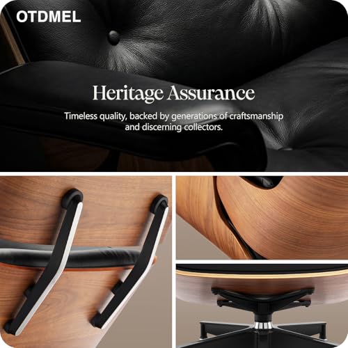 Image of Luxury Top Black Grain Leather Mid Century Chaise Lounge Chair with Ottoman, Premium Handcrafted Walnut Wood, Ergonomic Modern Accent Chair for Living Room Office