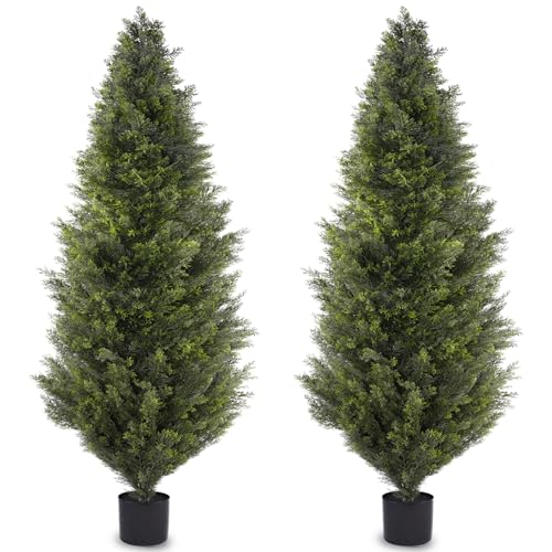 Faux Plants 6FT Artificial Cedar Topiary Trees, Set of 2 Realistic Outdoor Indoor Fake Potted Plants...