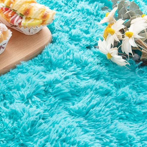 Image of Fluffy Silky Micro Fiber Polyster Carpet /Runner for Bedroom, Study Room, Playing Room, Guest Room ETC. 4x6 feet Feet, (Turqoise)