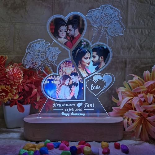 Image of Personalized LED Photo Frame Lamp - Custom Couple Collage Acrylic Night Light with Wooden Base, Romantic Anniversary & Valentine Gift