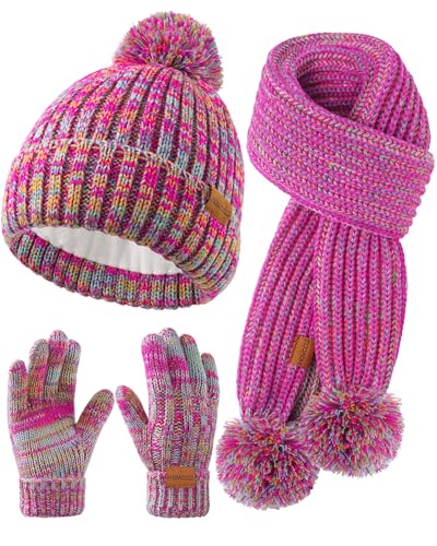 Image of Kids Winter Hat Scarf Gloves Set - Girls Boys Fleece Lined Beanie Hat with Pom Knit Scarf Warm Mittens for Children
