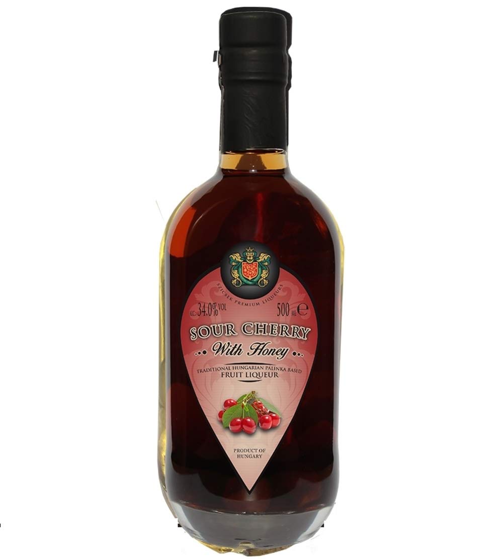 Szicsek Sauerkirsche Fruchtlikör mit Honig | Ungarischer Sauerkirsche Palinka | Handwerklicher Obstbrand | Sauerkirsche Palinca | Palinka Schnaps Ungarn | 100% Natürlich [0,5L|34%]