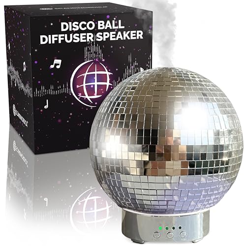 SCANDINORDICA Disco Ball Diffuser Speaker - Large 300 mL Rotating Disco Ball Essential Oil Diffuser with Whisper Quiet Operation 7 Color LED Night Light & 4 Time Settings | Cute Bluetooth Speaker