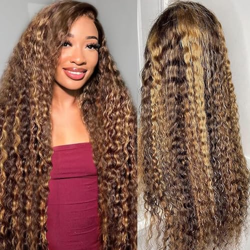 Image of Highlight Ombre Lace Front Wig Human Hair Pre Plucked 13x6 HD Honey Blonde 4 /27 Deep Wave Lace Frontal Wigs Glueless Colored Wigs for Women 200 Density Wet and Wavy Lace Front Wig 22 Inch
