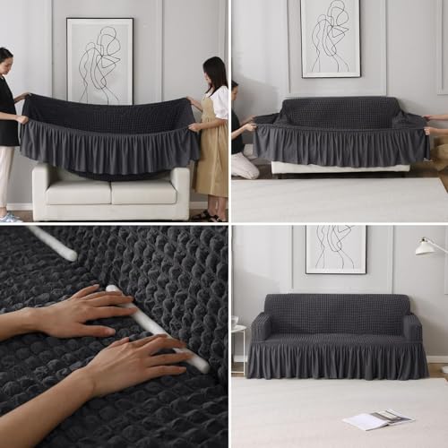 Image of HOKIPO Stretchable Elastic Bubble Frill Cover for Sofa 1 Seater, Anchor Grey (NEW-AR-5255-AGRY)