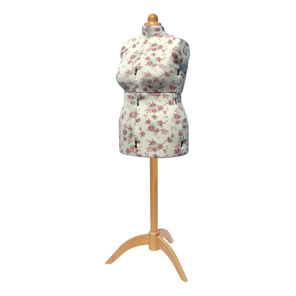 Maniqui Costura Ajustable Cogollos de Rosa con Soporte de Madera | Grande (L) [Talla EUR 48 a 50] | Forma de vestido de 8 partes con soporte de madera natural de 3 patas