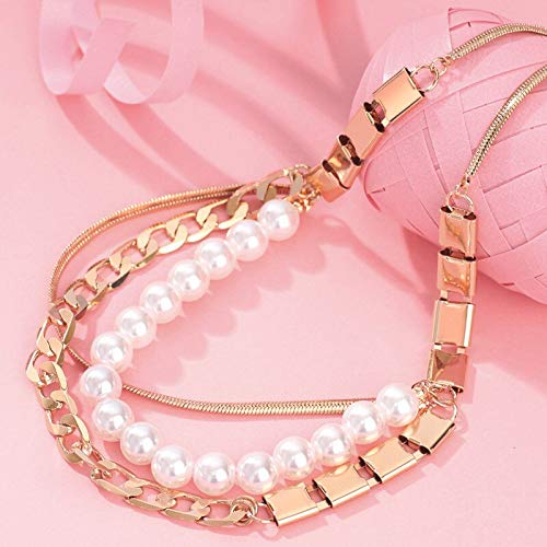 Multi -Layer -Simulierte Perle Roségold Farblegierung Kettenketten für Frauen Schmuck