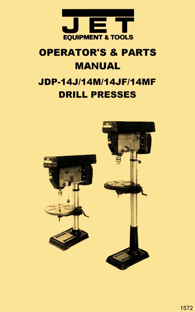 Two JET 14-inch drill presses, one smaller benchtop model and one larger floor-standing model, illustrating the product line.