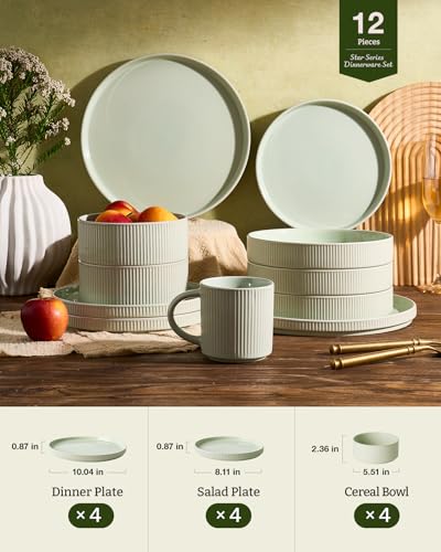 Image of Famiware Ceramic Plates and Bowls Set, Dinnerware Sets, Ribbed Dishes for 4 | 12-Piece Stoneware Dishware, Lipped Edges, Chip & Scratch Resistant, Microwave & Dishwasher Safe, Everyday Use, Light Green