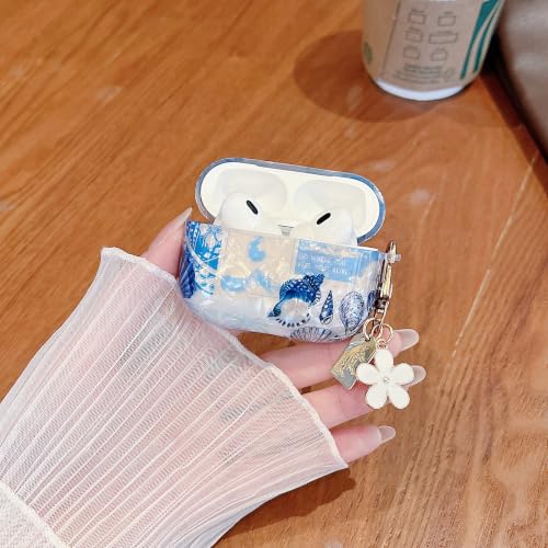 Image of MINSCOSE for Glitter AirPods Pro 2nd /1st Generation Case,Cute Shell Pattern Marine Life Design with Floral Keychain,Soft TPU Anti-Drop Shockproof Cover with Cleaner Kit for Women Girls-Seashell