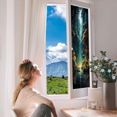 Película para ventana con diseño de ciervo y bosque 17.7x23.6 in miniatura 5