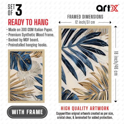 Image of ArtX Paper Leaf Paintings For Wall Decoration, Home Decor Wall Art, Hotel Wall Painting for Living Room, Multicolor, Natural Wood Color Frames, 12.0 x 18.0 inch, Set of 3