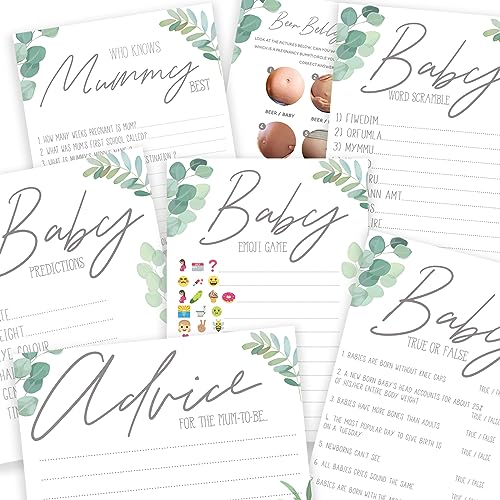 The Little Party Company Conjunto de chá de bebé - pacote de jogo com tema boho, embalagem de 7 jogos em 1 pacote, jogos neutros para chá de bebé, design de folhas botânicas (bot7 em 1)