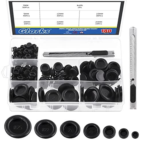 Glarks 181Pcs Closed Rubber Grommet Assortment, 7 Size Firewall Hole Plug Set Rubber Grommets...