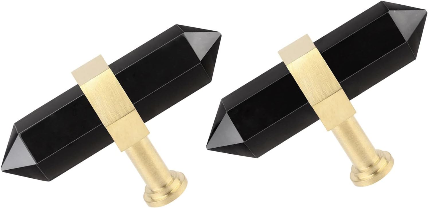 SUNYIK Pack of 2 Black Obsidian Crystal Point Drawer Knobs with Screws, Hexagonal Double Point Stone Pull Handles for Cabinet Dresser Home Furniture Decor, Brass Handle