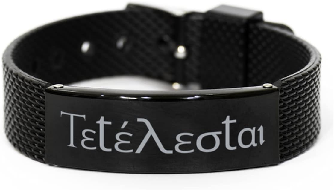 Christian Bracelet, Tetelestai, It is Finished, Inspirational Bracelet Gifts for Men and Women, Black Stainless Steel Leather Bracelet