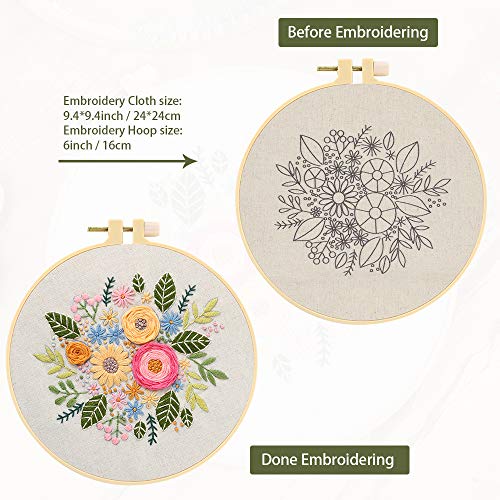 Aboofx Embroidery Kit, Embroidery Starter Kit with Pattern and Instructions, Cross Stitch Kit Include 1 Embroidery Clothes with Floral Pattern, 1 Plastic Embroidery Hoops,Color Threads and Tools