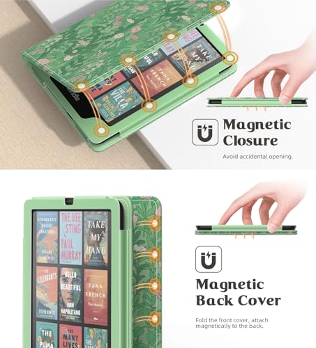 Image of MoKo Case for 7 inch /6.8 inch Kindle Paperwhite(12th /11th Generation-2024 /2021) and Colorsoft Signature Edition,Tolino /boox go 7, Slim PU Shell Cover Case with Auto-Wake /Sleep, Green Flower
