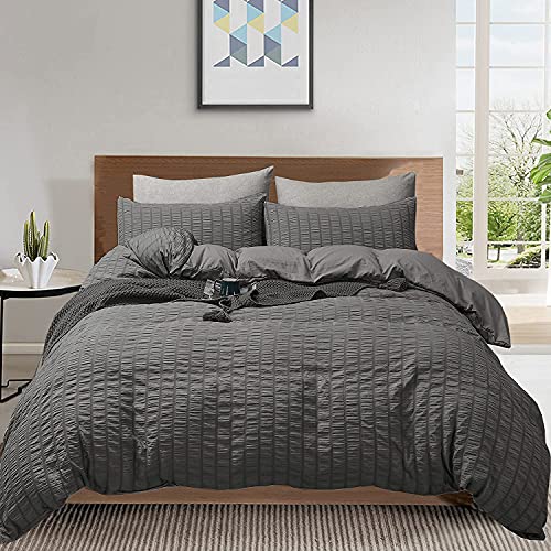 Parure de lit en seersucker avec housse de couette et taies d'oreiller 100 % coton gaufré Rose/anthracite/argenté/gris/blanc Double Cover