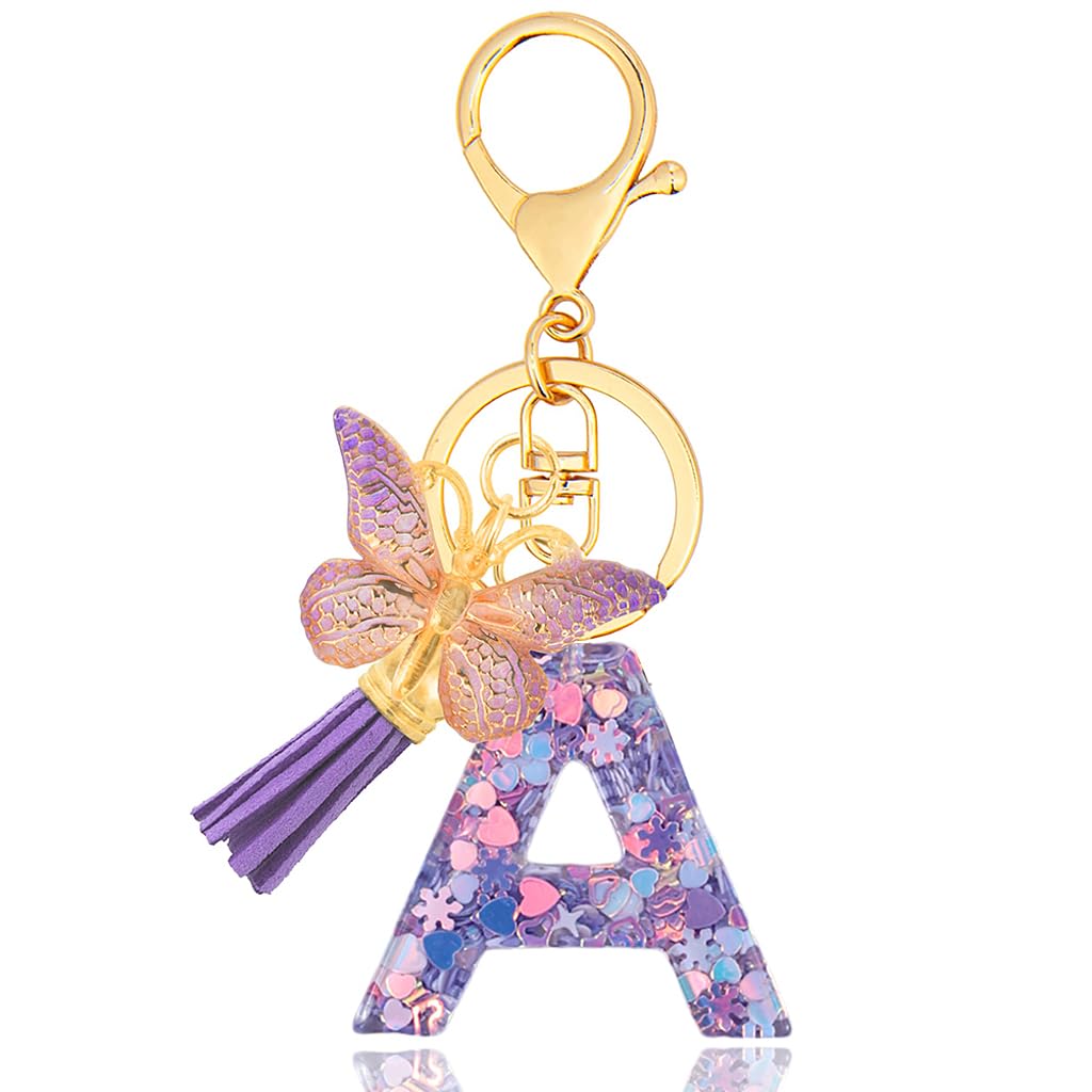 Letter A Keychain Charm Metal Keyring Backpack Bag Decoration Purple Butterfly Clear Resin Embedded Sequins Stylish Gift for Girls-image-37
