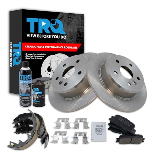 Image of TRQ Rear Brake Pad & Rotor Kit, with Chemical Kit Parking Brake Shoe Set Ceramic Compatible with 2001-2003 Toyota Highlander