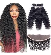 Amella Hair Deep Wave 3 Bundles with Frontal 13x4 Lace Closure Pre Plucked Brazilian Deep Wave Vi...