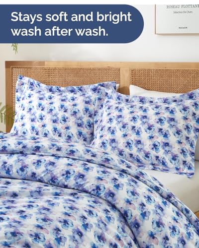 Image of Duvet Cover Cal King Size Set - Extra Soft Floral Duvet Cover 104 x 98 with 2 Pillow Shams - Comfy, Breathable Floral Bedding Set - Hotel Luxury & Fade Free w / Zipper Closures & Ties - Blue Hydrangea