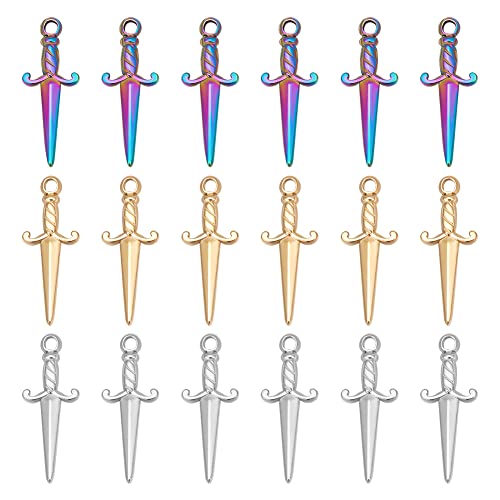 UNICRAFTALE about 18Pcs 3 Colors Sword Pendants 27.5mm Stainless Steel Dagger Charms Hypoallergenic Punk Earring Sword Charms Metal Bracelets Charm for DIY Jewelry Making