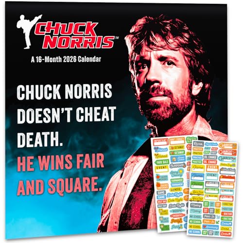 Chuck Norris Calendar 2026 - Deluxe 2026 Chuck Norris Wall Calendar Bundle with Over 100 Reminder Stickers (Funny Gag Gifts