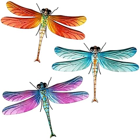 Songjum 3 PCS Metal Dragonfly Outdoor Wall Decor, Multicolor Hanging 3D Dragonfly Wall Decor Art for Home, Bedroom, Garden, Indoor and Outdoor Decorations Cover