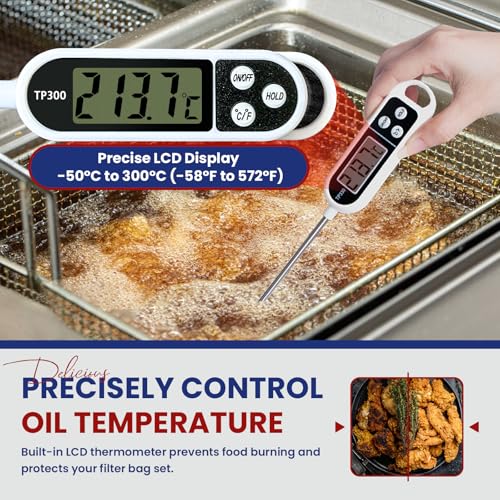Image of Upgraded Fryer Filter Bag & Frame Set, Reusable Oil Strainer Compatible with 40L /60L Deep Fryers, Fine Mesh to Capture Crumbs, Durable for Home & Commercial Use, with 1 Professional Food Thermometer