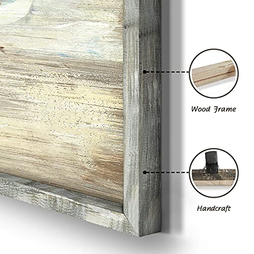 Ocean Framed Wooden Wall Art: Abstract Beach Oil Painting Style Sea Bird Pictures Ocean Prints Peaceful Coastal Artwork For Office 16"X12" #TOP1