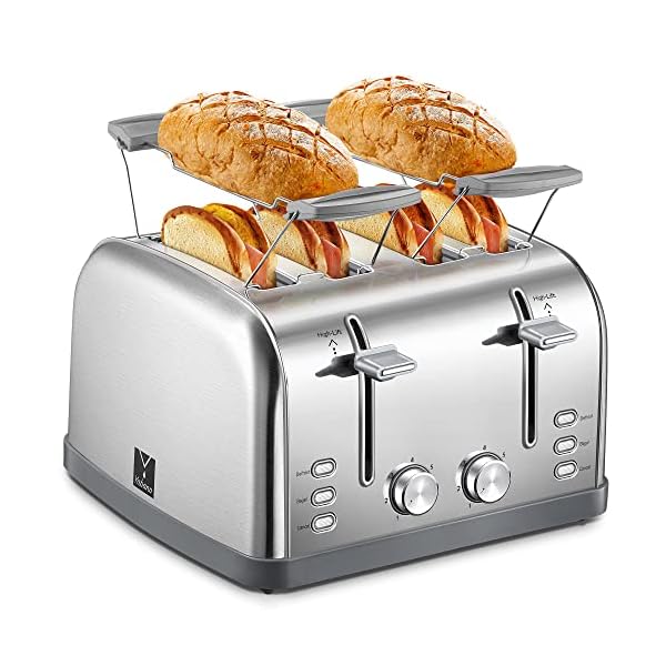 Toaster 4 Slice, Extra Wide Slots, Stainless Steel with High Lift Lever, Bagel and Muffin Function, Removal Crumb Tray, 7-Shade Settings with Warming Rack, Silver, Yabano