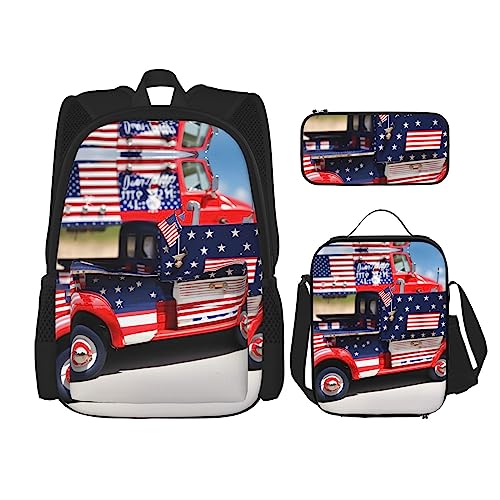Sac à livres léger avec sac à déjeuner et trousse motif camion patriotique pour soulager le dos