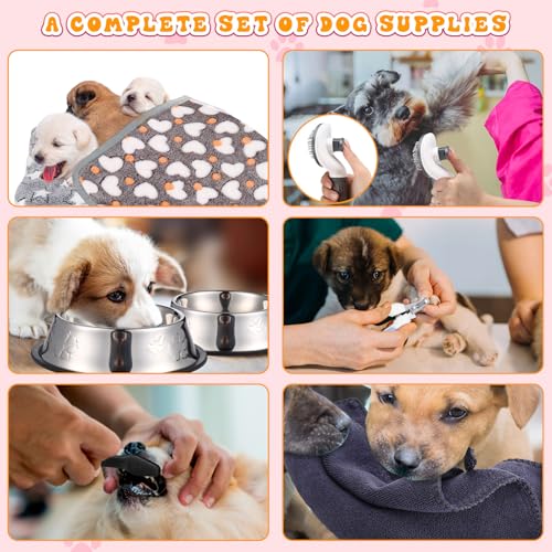 Abbylike Welpenzubehör, Starter-Set für kleine Hunde, enthält Leine, Näpfe, Zahnbürsten, Wasserflasche und mehr Zubehör für Hunde, 50-teiliges Set (schwarz)