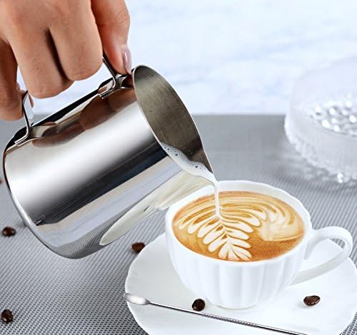 Stainless Steel Milk Jug, 350ML Handheld Coffee Creamer Milk Frothing Pitcher Jug Cup with Measurement Mark and Latte Art Pen, Milk Pitcher Jugs Perfect for Barista Cappuccino Espresso Making