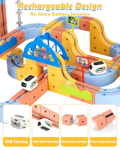 Funsland Elektryczna kolejka dla dzieci w wieku od 3 do 10 lat – 149 elementów magnetycznych "zrób to sam" Cube Track pociąg, multiform 3D, zestaw tras kolejowych, STEM, zabawka, prezent dla chłopców