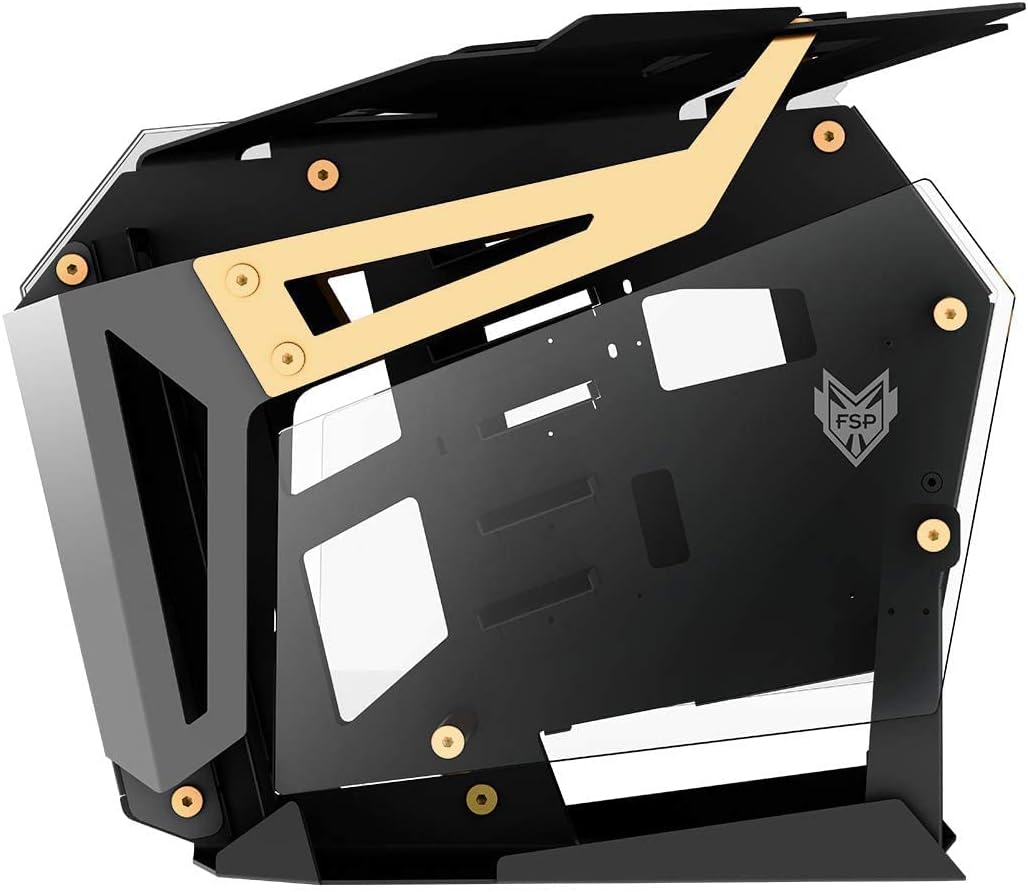 FSP Open Frame Gaming Streaming Case EATX/ATX/Mini- ITX, Dual-System, with 2 Tempered Glass Panels, Aluminum Case, ARGB Center Light Bar (CMT710 T-Wings Gold)